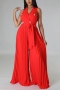 sexy solid color stretch double breasted backless wide-leg jumpsuit(with belt)_Black_White_Red