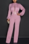 sexy slight stretch solid color hollow zip-up belt wide leg jumpsuit_Pink