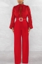 sexy slight stretch solid color hollow zip-up belt wide leg jumpsuit_Pink_Red