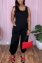 sexy plus size stretch solid color sleeveless jumpsuit_Black