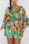 stylish plus size slight stretch batch printing v neck belt loose playsuit_Yellow_Green