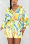 stylish plus size slight stretch batch printing v neck belt loose playsuit_Yellow