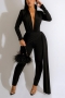 sexy plus size 6 colors stretch shoulder padded deep-v irregular slim jumpsuit_Black