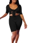 sexy plus size 4 colors stretch hollow lace-up low-cut slim playsuit_Black