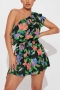 sexy non-stretch 3 colors flower batch printing one shoulder playsuit_Black