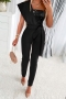 stylish plus size non-stretch one shoulder sequin with belt zip-up jumpsuit_Black
