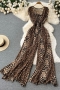 stylish leopard printing non-stretch zip-up wide-leg jumpsuit(with tube vest)_Red_Brown