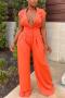sexy solid color stretch single-breasted hollow wide-leg jumpsuit_Orange