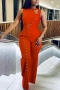 casual non-stretch single-breasted hollow slit zip-up jumpsuit_Black_Red_Orange