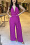 casual non-stretch solid color v-neck with belt jumpsuit_Black_White_Light Green_Blue_Purple