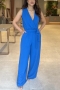 casual non-stretch solid color v-neck with belt jumpsuit_Black_White_Light Green_Blue