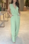 casual non-stretch solid color v-neck with belt jumpsuit_Black_White_Light Green