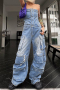 stylish non-stretch strapless multiple pockets hole denim cargo jumpsuit_Sky Blue
