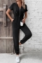 casual slight stretch hooded zip-up pocket jumpsuit_Black