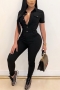 casual plus size slight stretch solid color lapel jumpsuit_Black