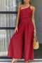 stylish solid color non-stretch one shoulder wide-leg jumpsuit_Black_Red