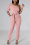 casual slight stretch solid color one shoulder with belt jumpsuit_Black_Pink