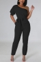 casual slight stretch solid color one shoulder with belt jumpsuit_Black