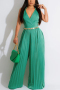 sexy slight stretch solid color v-neck with waist chain jumpsuit_Black_Green