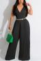 sexy slight stretch solid color v-neck with waist chain jumpsuit_Black