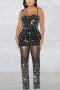 sexy plus size slight stretch mesh 4 colors rhinestone decor jumpsuit_Black