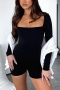 stylish plus size slight stretch 3 colors square-neck skinny playsuit_Black