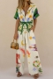 casual non-stretch batch printing button drawstring pocket wide-leg jumpsuit_White