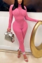 sexy slight stretch cut out knitted 4 colors long sleeve zip-up skinny jumpsuit_Black_White_Pink