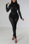 sexy slight stretch cut out knitted 4 colors long sleeve zip-up skinny jumpsuit_Black