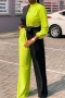 casual non-stretch contrast color button with belt jumpsuit_Red_Light Green