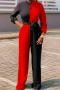 casual non-stretch contrast color button with belt jumpsuit_Red