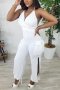 sexy plus size slight stretch solid color halter-neck jumpsuit_White