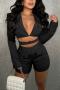 sexy plus size non-stretch solid color hollow zip-up slim playsuit_Black