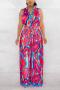 stylish plus size non-stretch batch printing belt button wide leg jumpsuit_Magenta