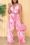 stylish plus size non-stretch batch printing belt button wide leg jumpsuit#1_Pink