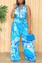 stylish plus size non-stretch batch printing belt button wide leg jumpsuit#1_Pink_Green_Sky Blue