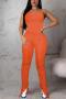 sexy slight stretch plus size solid color backless lace-up shirring jumpsuit_Black_Orange
