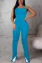 sexy slight stretch plus size solid color backless lace-up shirring jumpsuit_Black_Orange_Blue