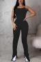 sexy slight stretch plus size solid color backless lace-up shirring jumpsuit_Black