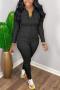 stylish plus size slight stretch 5 colors solid color zip-up cargo jumpsuit_Black