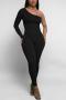 sexy plus size slight stretch 5 colors one shoulder skinny jumpsuit_Black
