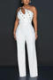 sexy plus size slight stretch solid one shoulder rivet belt wide leg jumpsuit_White