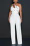 sexy plus size slight stretch one shoulder rivet zip-up belt wide leg jumpsuit_White