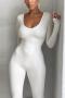 sexy slight stretch solid color deep crew neck jumpsuit_Black_White