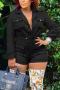 sexy plus size non-stretch solid color suit collar button playsuit_Black
