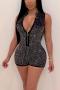 sexy plus size slight stretch rhinestone decor halter-neck playsuit_Black