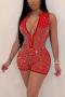 sexy plus size slight stretch rhinestone decor halter-neck playsuit_Black_Red