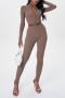 stylish high stretch slim thumb hole jumpsuit size run small(without belt)_Black_Brown