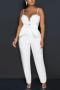 sexy plus size slight stretch solid rhinestone bow tie zip-up sling jumpsuit_White
