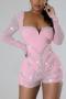 sexy plus size slight stretch rhinestone decor square neck playsuit_Black_Pink